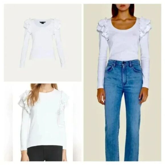 Veronica Beard Avedon Top White Ruffle Long Sleeve Ribbed top XS NWT 228 IRRG - Picture 4 of 15